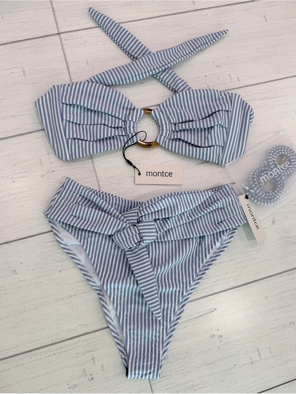 Montce Swim Bikini Set Tori Ties Bandeau Bikini Top Paula Tie-up Bottom NWT L